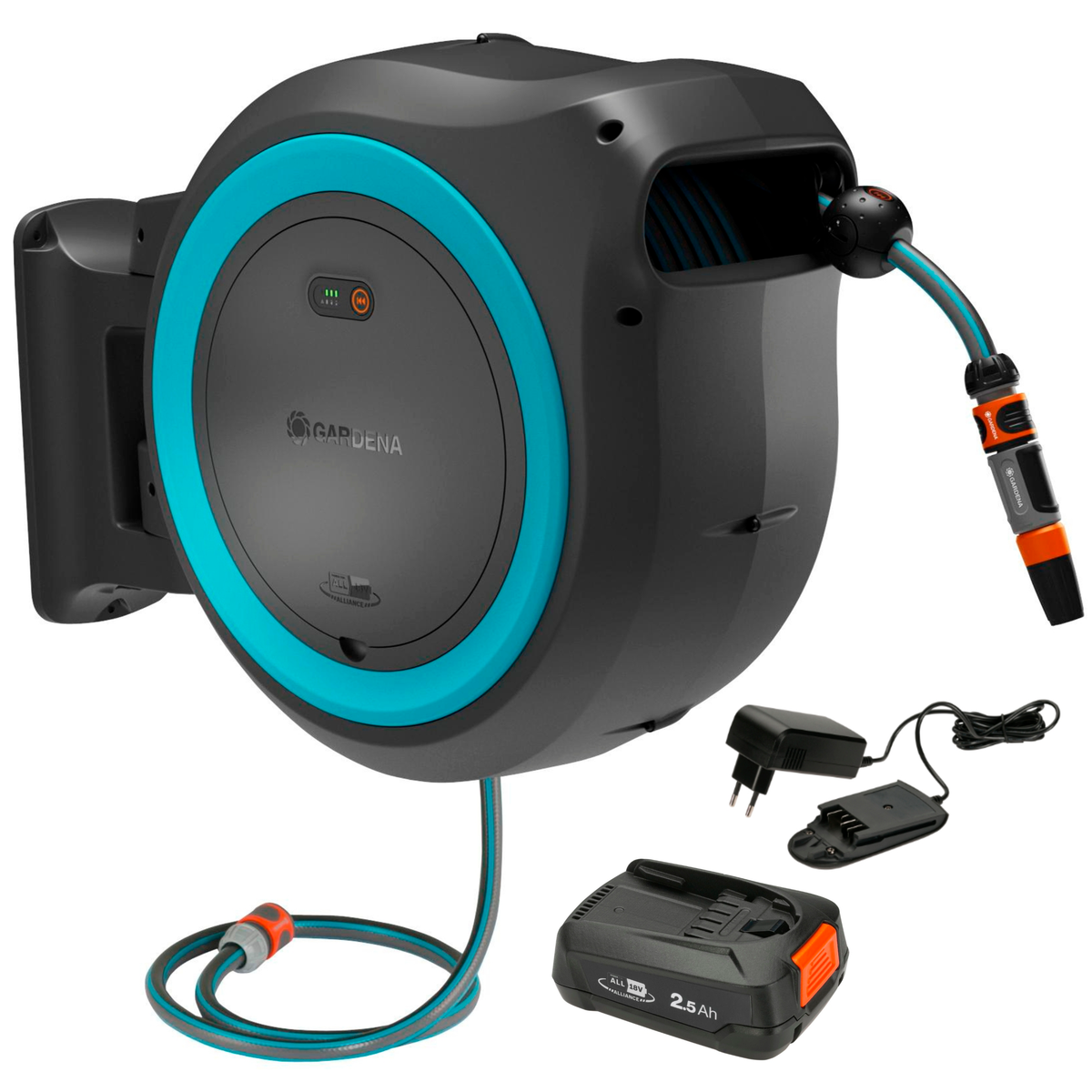 Batteridriven väggslangbox PowerRoll XL inkl. batteri och laddare, turkos