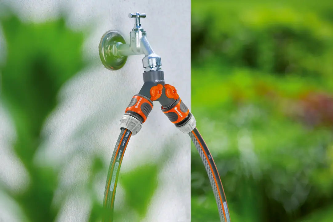 Dubbelkrankoppling – Två slanganslutningar, 1/2" och 3/4"
