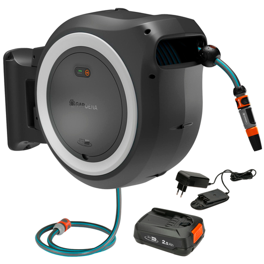 Batteridriven väggslangbox PowerRoll XL inkl. batteri och laddare, vit